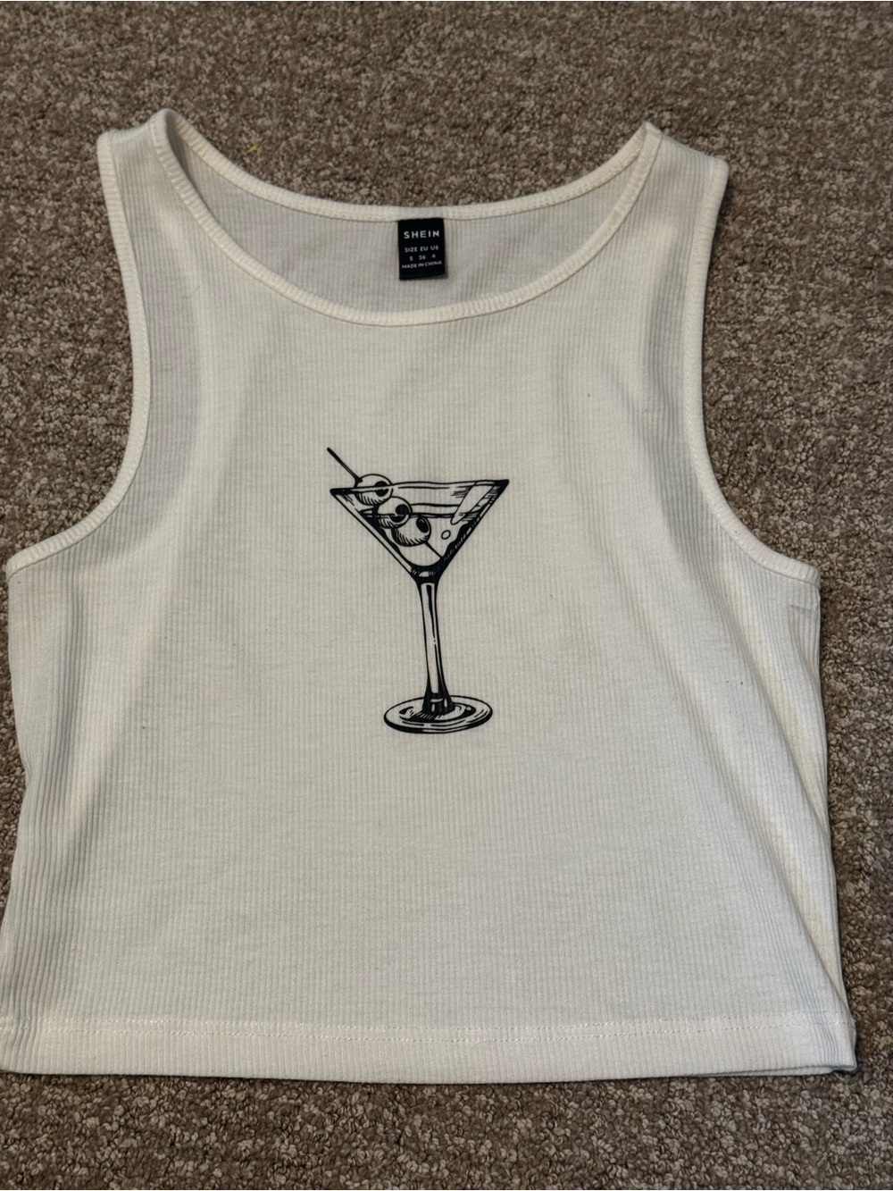 SHEIN Cream Ribbed Tank with Black Martini Print